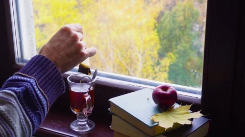 Man's hand stirring a cup of tea in front of the window in autumn Stock Footage 100425080