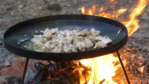 A man's hand stirs meat with a spoon in a frying pan, which is on a fire Stock Footage 278730702