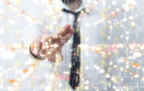 Man's hand surrounded by a glowing grid. Neural network, big data and cybersecur Stockfoto's