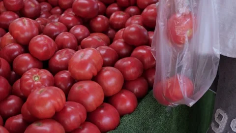 Mans hand takes fresh tomatoes from the counter in street market. Stock Footage 277022331