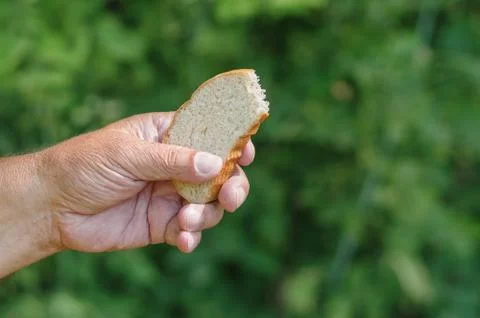 Man's hand taking slice of white bread Stock Photos