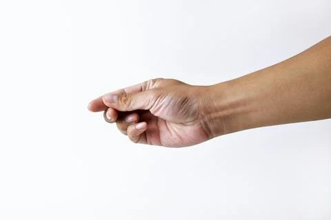 A man's hand is taking something on a white background Stock Photos