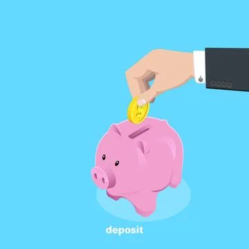 A man's hand throws a gold coin into a piggy bank, an isometric image Stock Illustration