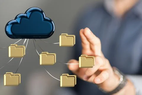 Man's hand touching a 3D rendered cloud connection technology background Stock Photos