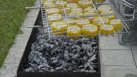Man's hand turns over a grate of corn on the cob over burning coals Vídeos de archivo 252054349