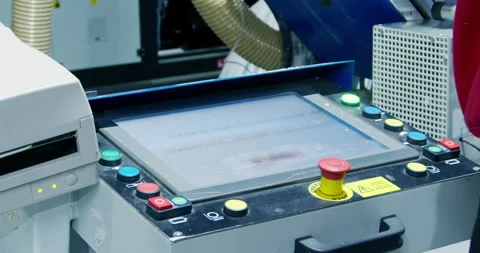A man's hand typing on a touch screen a machine in a factory Stock Footage 171871829