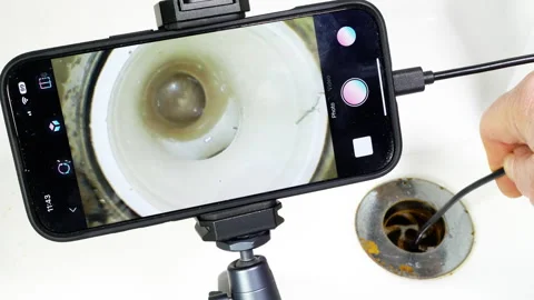 A man’s hand using an endoscope down a plughole, connected to a phone. Stock-Footage 303350795