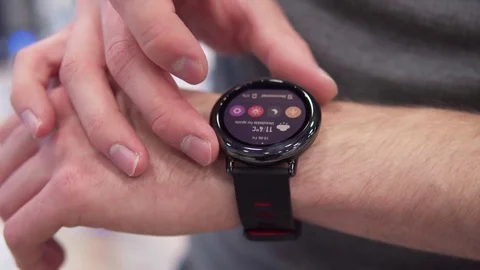 Man's hand using smartwatch, close-u Stock Footage 80793339