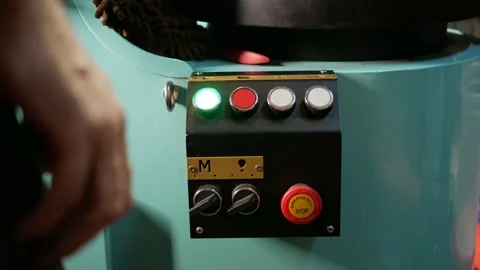 Mans hand waiting to push a button panel of industrial machine Video stock 143869162