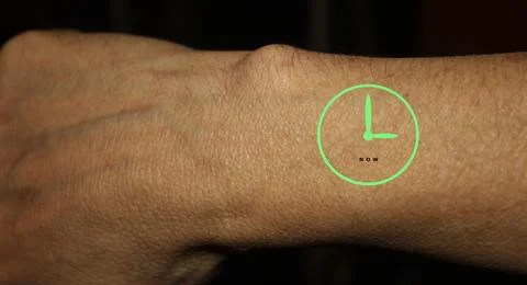 On the man's hand is a watch of the future. Stock Photos