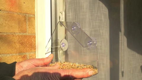 A man’s hands attaching a bird feeder onto an outside glass window by suction. Video stock 300783812