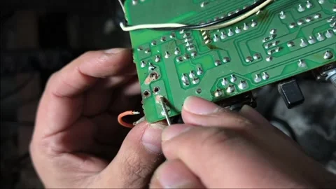 A man's hands connecting wires and applying solder paste Stock Footage 345082370