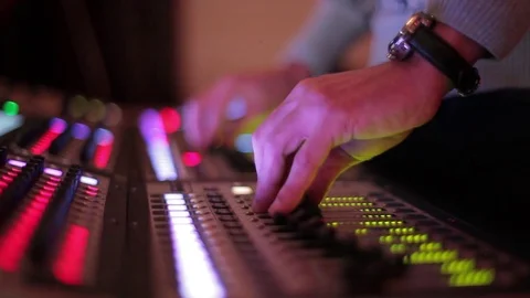 Man's Hands Controls Digital Mixer. Evening Time in Night Club. Stock Footage 75614204