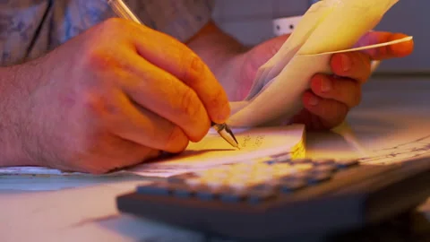 A man's hands copying financial data from paper receipts into a notebook Stock Footage 336978451