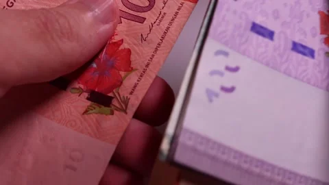 Man's hands counting brand new Malaysian ringgit (MYR). Stock Footage 296429731