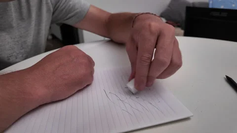 The mans hands erase the lines drawn with a pencil. Close-up. Stock Footage 318346022