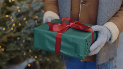 Mans hands in gloves holding the big christmas gift with red ribbon while the Stock Footage 209299577
