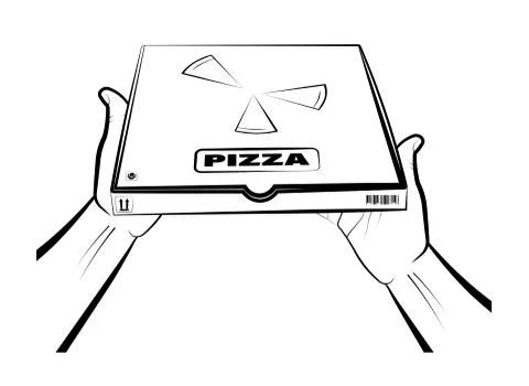 Mans hands hold a closed box with pizza. Italian Cuisine. Home delivery food Stock Illustration