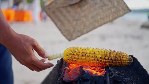 Man's hands hold a cob of corn over the fire, Close-up, Slow motion Stock-Footage 242195501