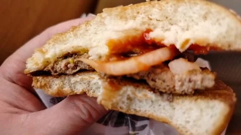A man's hands holding a burger cut in half Stock Footage 310854883