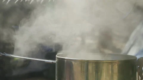 Mans hands lifting lid off of pot of boiling water on camp stove in woods Stock Footage 221741912