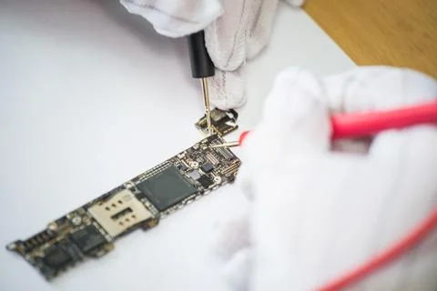 Man's hands measuring voltage on the small gadget plate, repair service concept Stock Photos