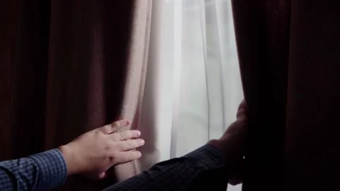The man's hands open the curtains. Stock Footage 167316319