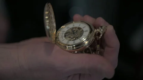Mans hands open pocket watch close up Stock Footage 246253075