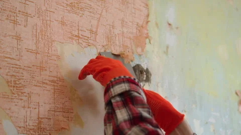 Mans hands in orange gloves removing old wallpaper from the wall with a spatula Stock Footage 329755156