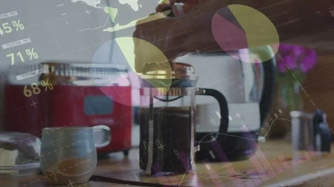 Man's hands pressing plunger down in kitchen filtering brew with data overlays Video stock 321319440