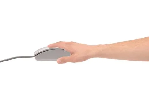 Man's hands pushing keys of pc mouse, on white background close-up Stock Photos