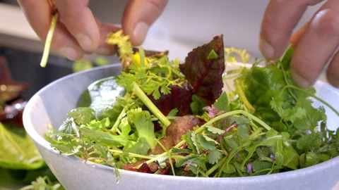 Man's hands put green salad in a light blue bowl and arrange it. Slow motion 4k. Stock Footage 277452326