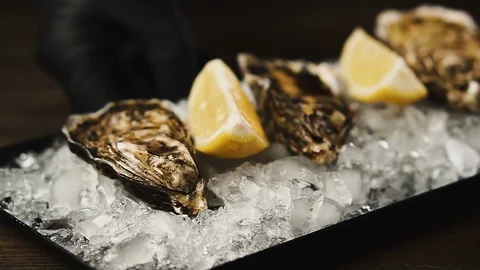 Man's hands put a plate with fresh oysters and lemon on the table. Stock Footage 125633210