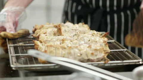 A man's hands rotating the kebab. Media. With gloved hands, rips off burnt meat Stock-Footage 150229262