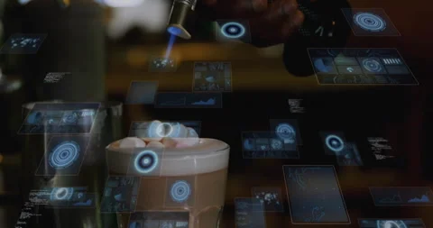Man's hands scanning mug of hot drink indoors, showing holographic technology Stock Footage 307446534