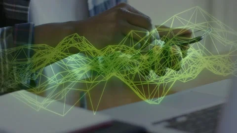 Man's hands tapping smartphone, green wireframe overlaying hands and phone, Stock Footage 333911275