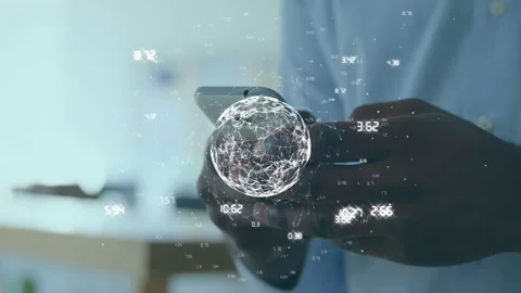 Man's hands tapping smartphone screen, activating rotating 3D globe and updating Video stock 334034068