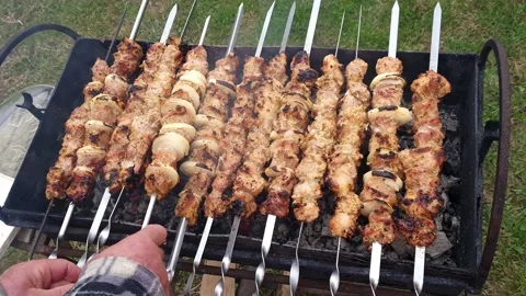 Man's hands turn over the shish kebab 스톡 동영상 219816045