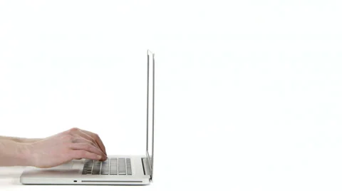 Man's hands typing on laptop computer. White background. Видео 37348854