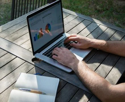 Man's hands using laptop with analytical graph on desk,  freelancer Stock Photos