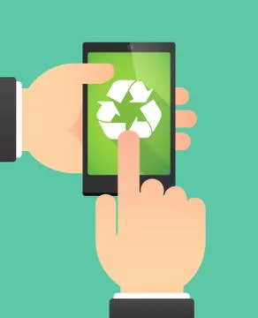 Man's hands using a phone showing a  recycle sign Stock Illustration