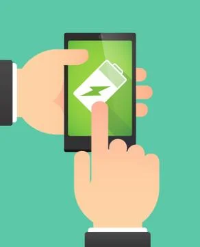 Man's hands using a phone showing a battery Stock Illustration