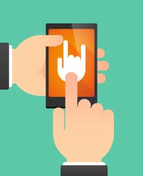 Man's hands using a phone showing a rocking hand Illustrazione stock