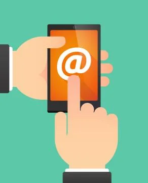 Man's hands using a phone showing an at sign Stock Illustration