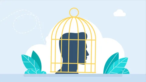 Man's head is in cage. Creativity blocker, fear of challenge, bias, ego trapped Stock Footage 255425552