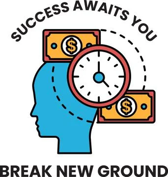 A man's head with a clock on it and the words "success awaits you" written .. Stock-Illustration