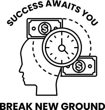 A man's head with a clock on it and the words "success awaits you" written .. Stock-Illustration