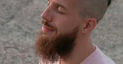 Man's head close up meditation serene beach Tranquility in seeking inspiration Stock Footage 271008438