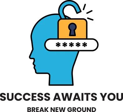A man's head with a keyhole on it and the words success awaits you underneath Stock-Illustration