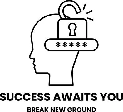 A man's head with a keyhole on it and the words success awaits you underneath Stock-Illustration